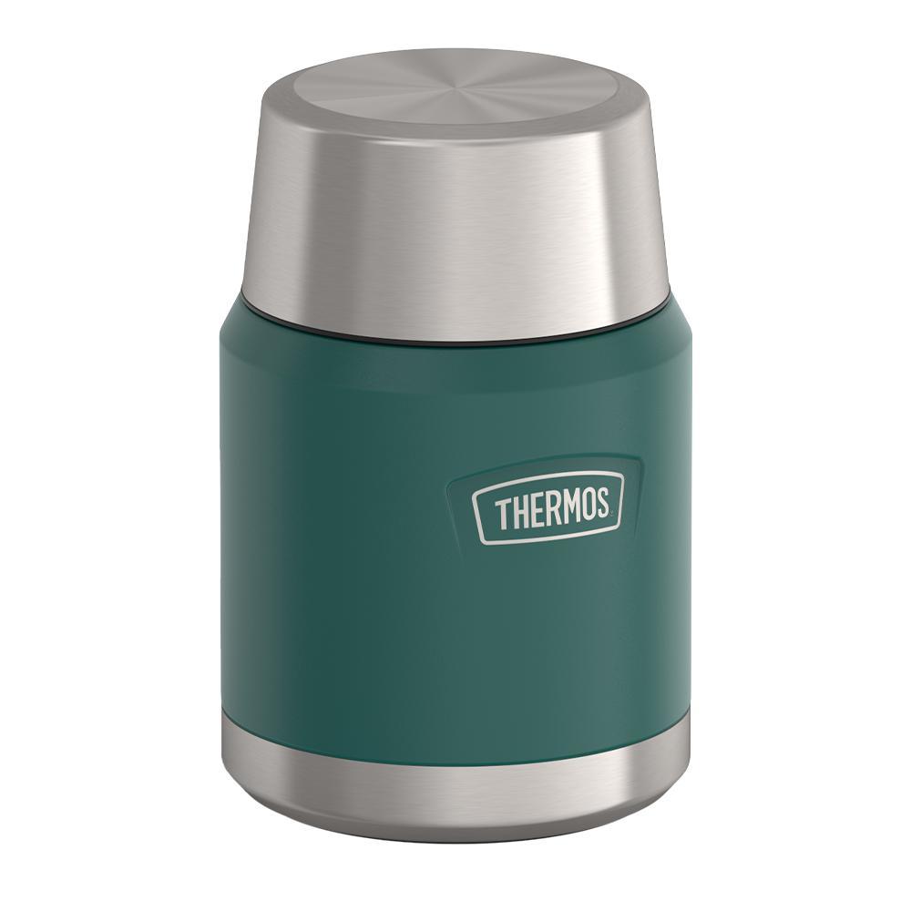 16 ounce Thermos Food Jar with stainless steel spoon, side view with lid on, Spruce Green.