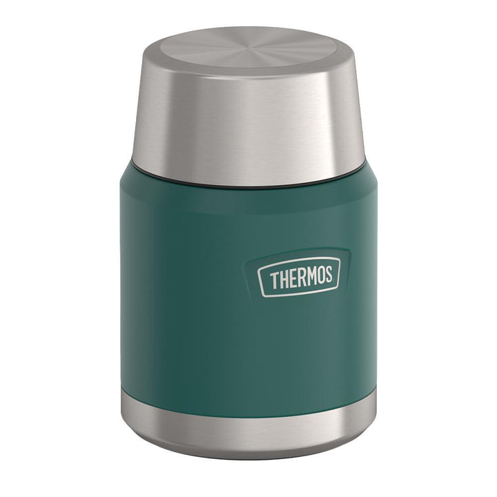16 ounce Thermos Food Jar with stainless steel spoon, side view with lid on, Spruce Green.