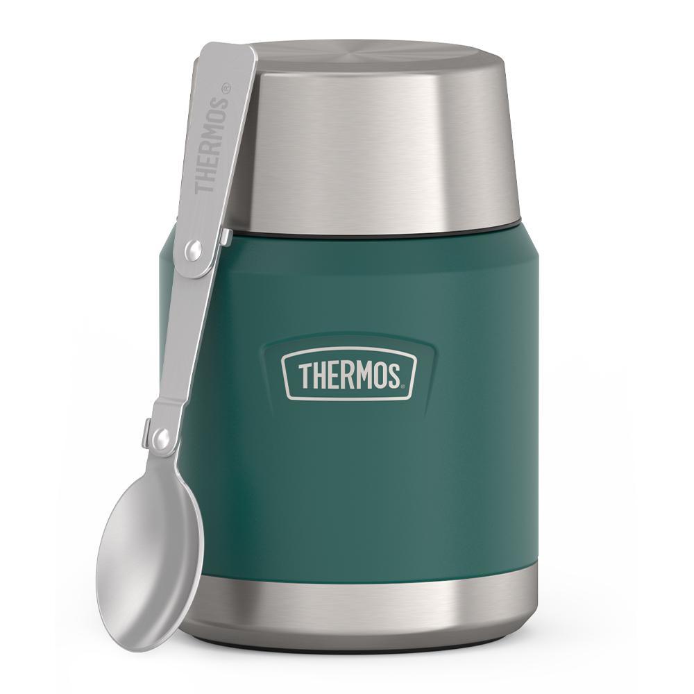 16 ounce Thermos Food Jar with stainless steel spoon, front view, spoon unfolded and leaning on the food jar, Spruce Green.