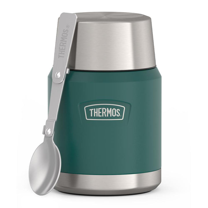 16 ounce Thermos Food Jar with stainless steel spoon, front view, spoon unfolded and leaning on the food jar, Spruce Green.