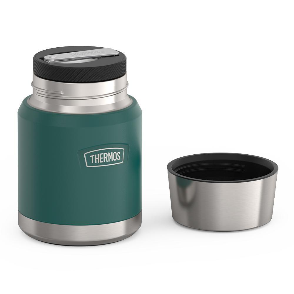 16 ounce Thermos Food Jar with stainless steel spoon, lid off and spoon folded inside of spoon holder, Spruce Green.