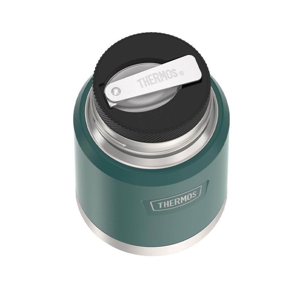16 ounce Thermos Food Jar with stainless steel spoon, top view of spoon folded inside of spoon holder, Spruce Green.
