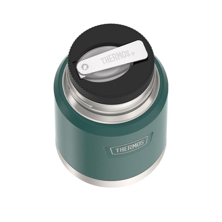 16 ounce Thermos Food Jar with stainless steel spoon, top view of spoon folded inside of spoon holder, Spruce Green.