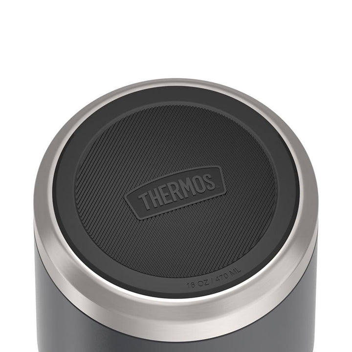 16 ounce Thermos Food Jar with stainless steel spoon,bottom view of non-slip base, Granite Black.
