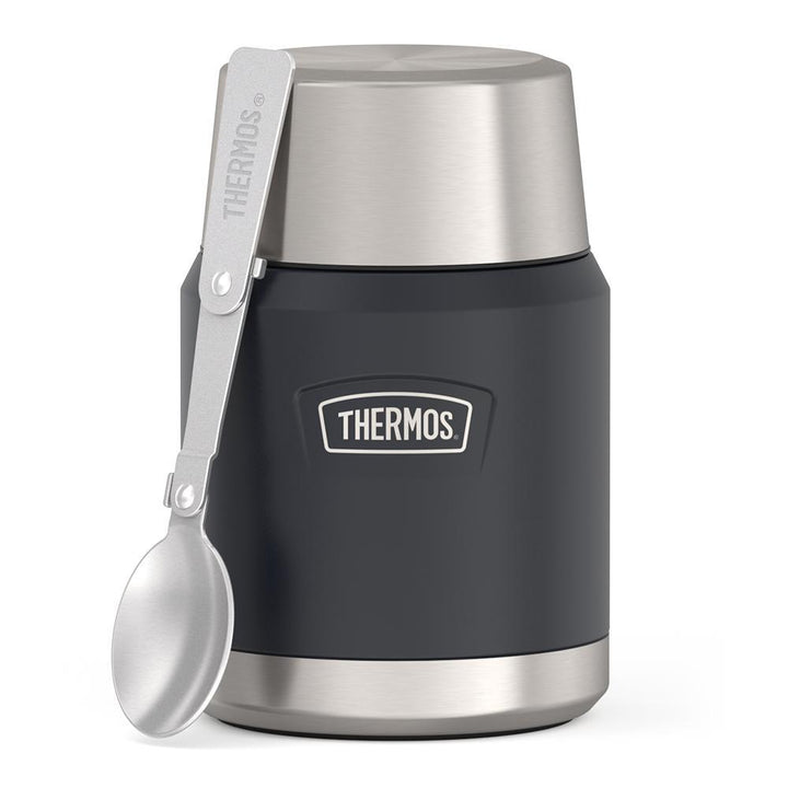 16 ounce Thermos Food Jar with stainless steel spoon, front view, spoon unfolded and leaning on the food jar, Granite Black.