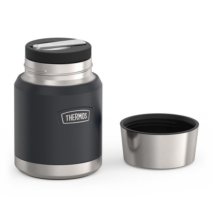 16 ounce Thermos Food Jar with stainless steel spoon, lid off and spoon folded inside of spoon holder, Granite Black.