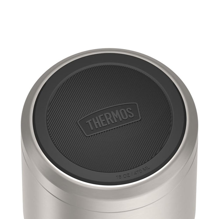 16 ounce Thermos Food Jar with stainless steel spoon,bottom view of non-slip base, Matte Stainless Steel.