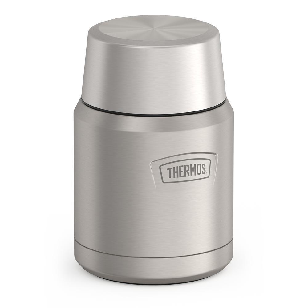 16 ounce Thermos Food Jar with stainless steel spoon, side view with lid on, Matte Stainless Steel.