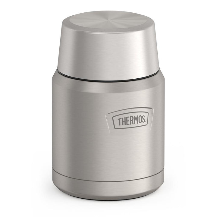 16 ounce Thermos Food Jar with stainless steel spoon, side view with lid on, Matte Stainless Steel.
