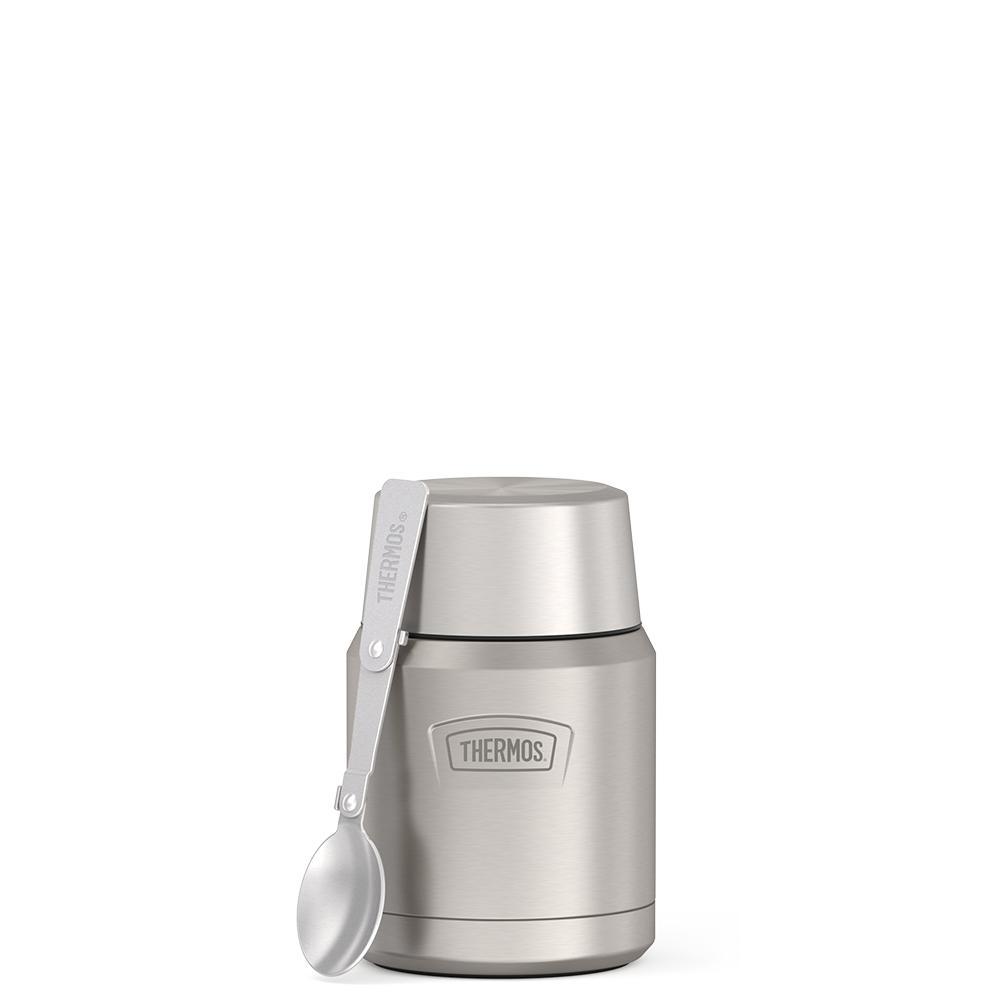 16 ounce Thermos Food Jar with stainless steel spoon, front view, spoon unfolded and leaning on the food jar, Matte Stainless Steel.