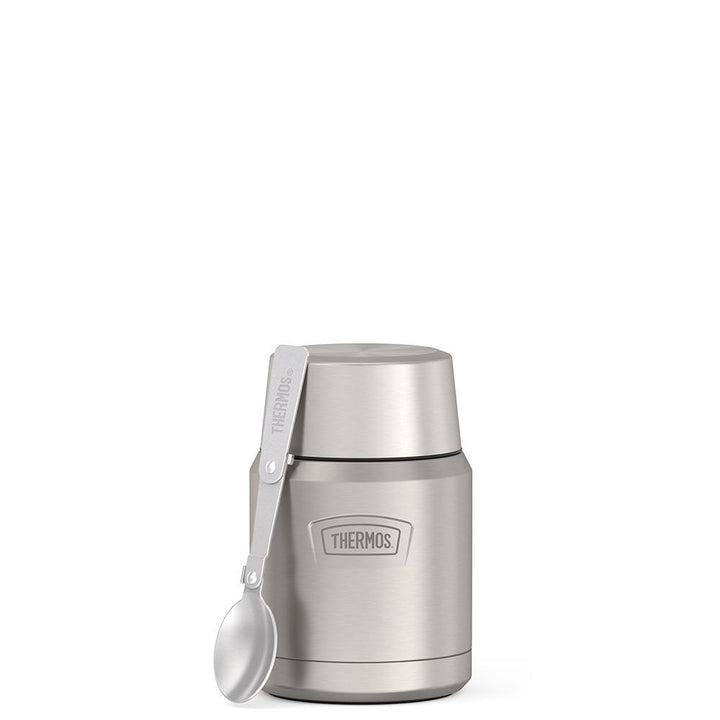 16 ounce Thermos Food Jar with stainless steel spoon, front view, spoon unfolded and leaning on the food jar, Matte Stainless Steel.