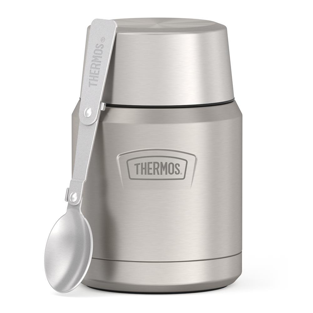 16 ounce Thermos Food Jar with stainless steel spoon, front view, spoon unfolded and leaning on the food jar, Matte Stainless Steel.