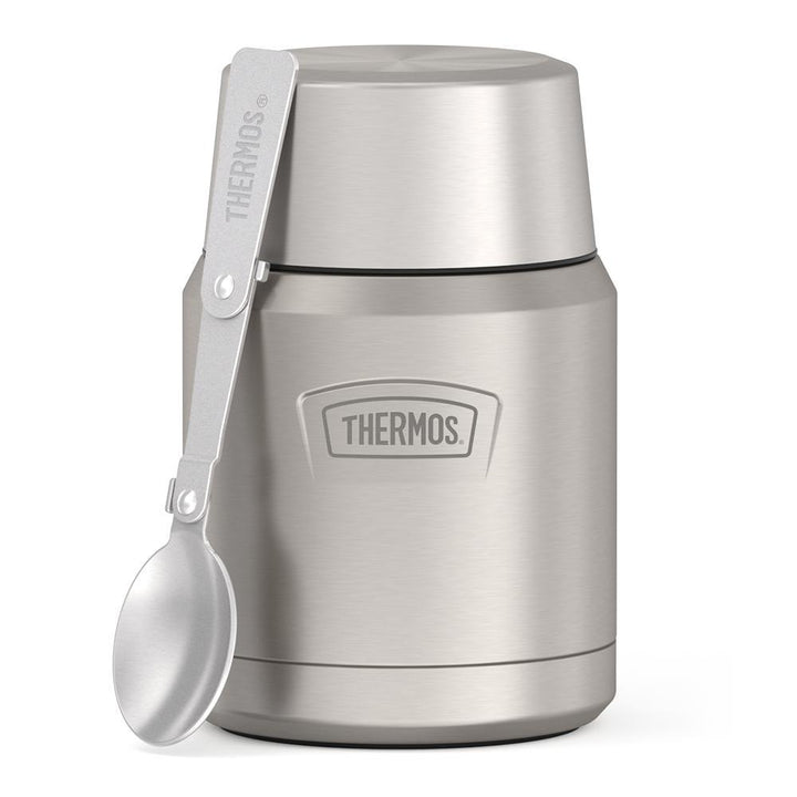 16 ounce Thermos Food Jar with stainless steel spoon, front view, spoon unfolded and leaning on the food jar, Matte Stainless Steel.
