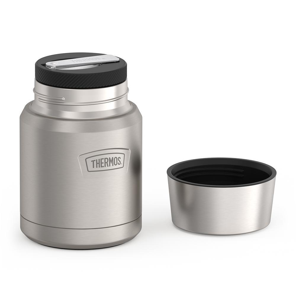 16 ounce Thermos Food Jar with stainless steel spoon, lid off and spoon folded inside of spoon holder, Matte Stainless Steel.