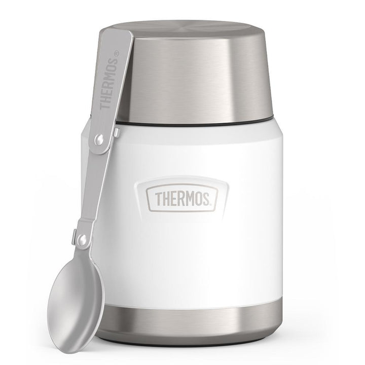 16 ounce Thermos Food Jar with stainless steel spoon, front view, spoon unfolded and leaning on the food jar, Snow White.