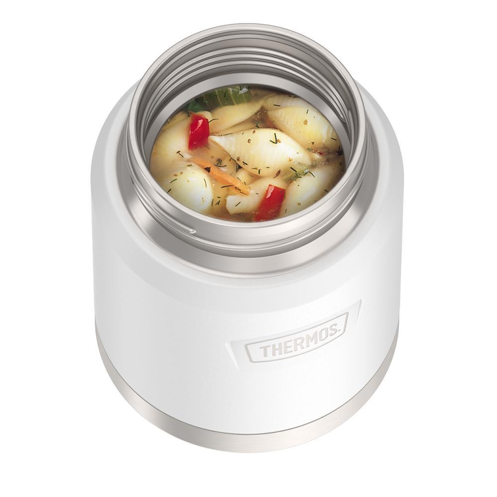 16 ounce Thermos Food Jar with stainless steel spoon, top view, lid off and soup inside, Snow White.