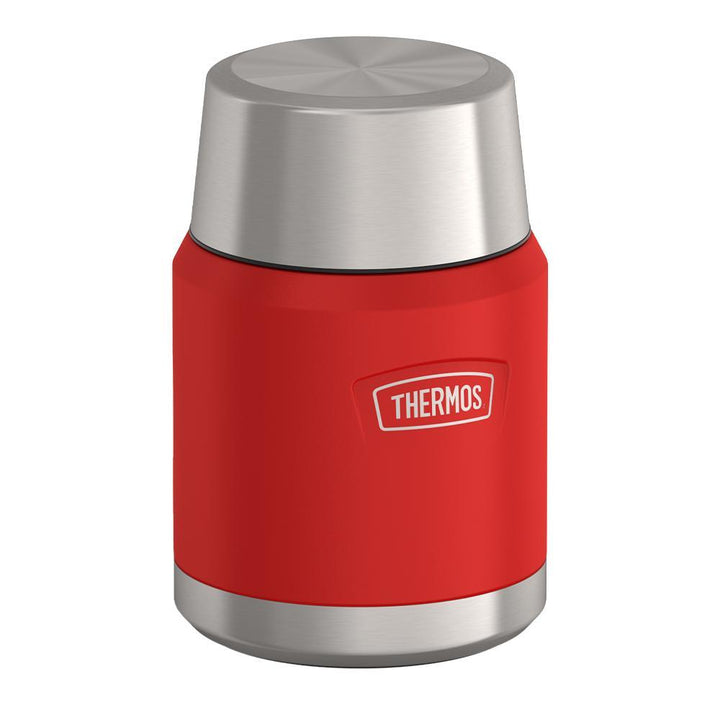 16 ounce Thermos Food Jar with stainless steel spoon, side view with lid on, Crimson Red.
