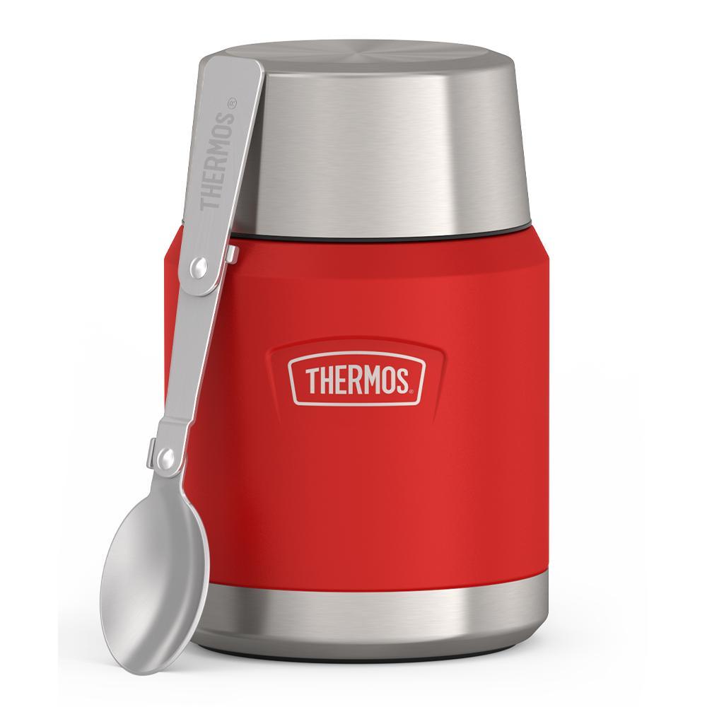 16 ounce Thermos Food Jar with stainless steel spoon, front view, spoon unfolded and leaning on the food jar, Crimson Red.