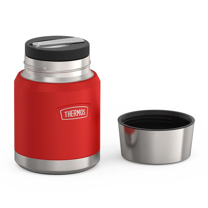 16 ounce Thermos Food Jar with stainless steel spoon, lid off and spoon folded inside of spoon holder, Crimson Red.