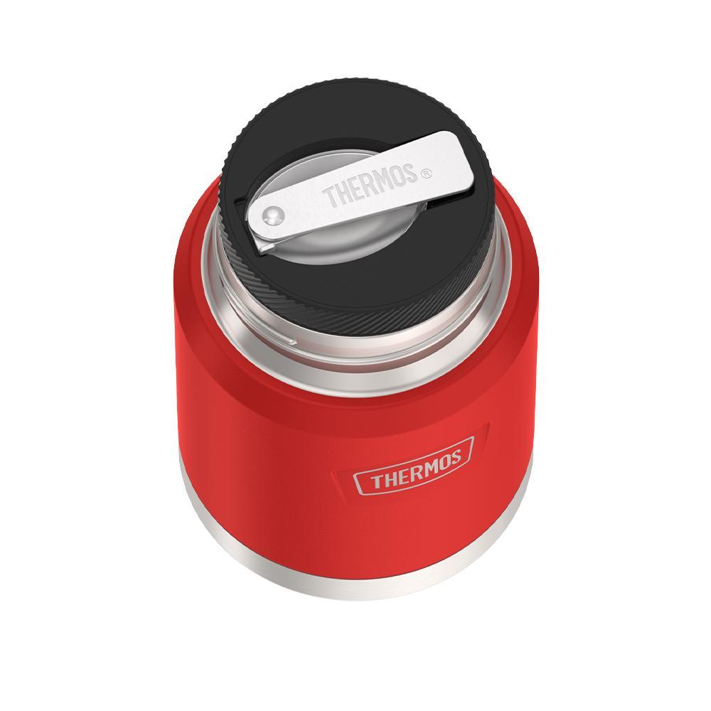 16 ounce Thermos Food Jar with stainless steel spoon, top view of spoon folded inside of spoon holder, Crimson Red.