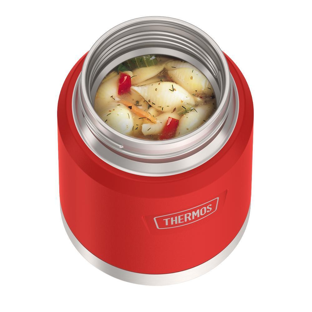 16 ounce Thermos Food Jar with stainless steel spoon, top view, lid off and soup inside, Crimson Red.