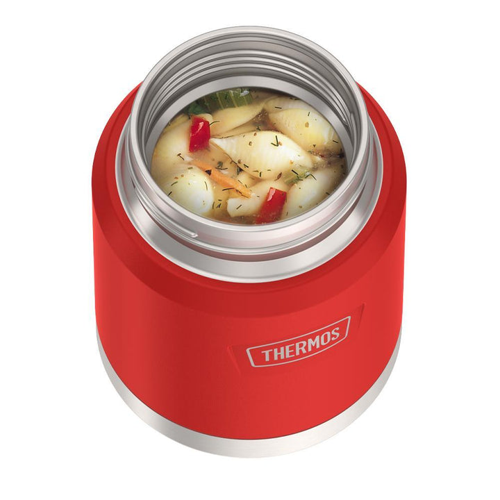 16 ounce Thermos Food Jar with stainless steel spoon, top view, lid off and soup inside, Crimson Red.