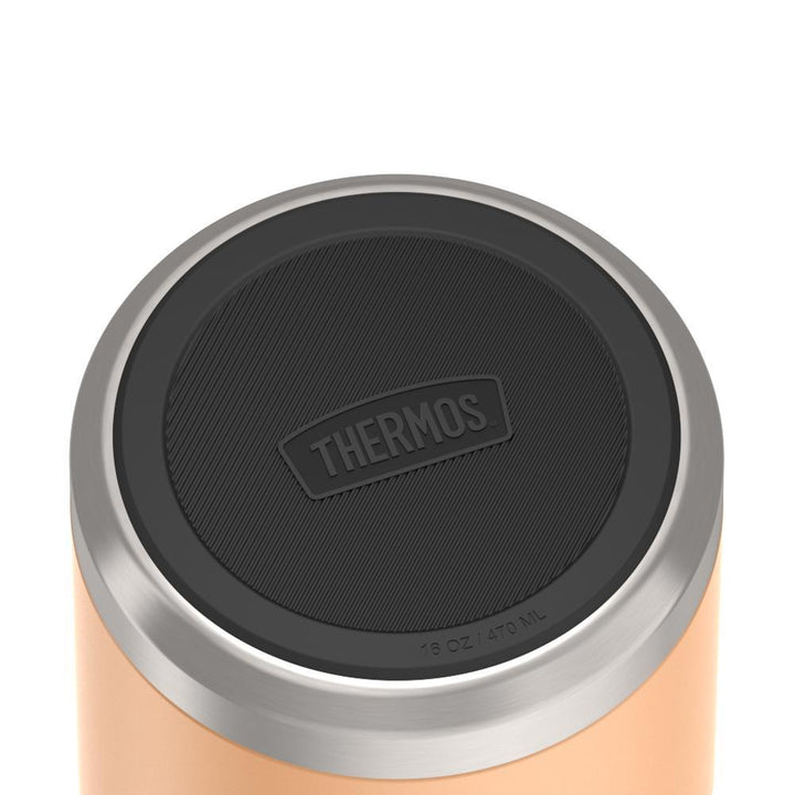 16 ounce Thermos Food Jar with stainless steel spoon,bottom view of non-slip base, Melon Orange.