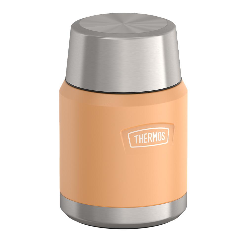 16 ounce Thermos Food Jar with stainless steel spoon, side view with lid on, Melon Orange.