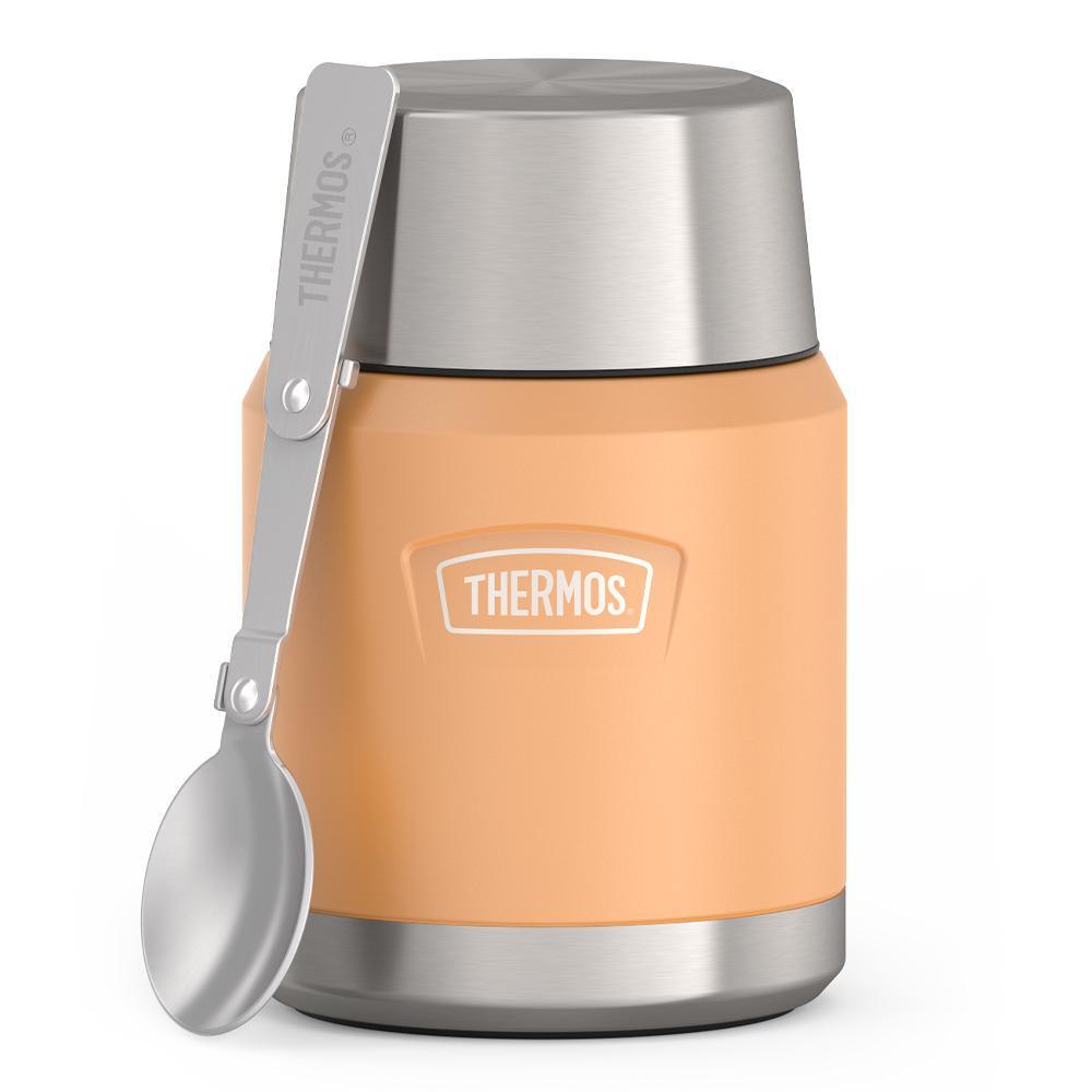 16 ounce Thermos Food Jar with stainless steel spoon, front view, spoon unfolded and leaning on the food jar, Melon Orange.