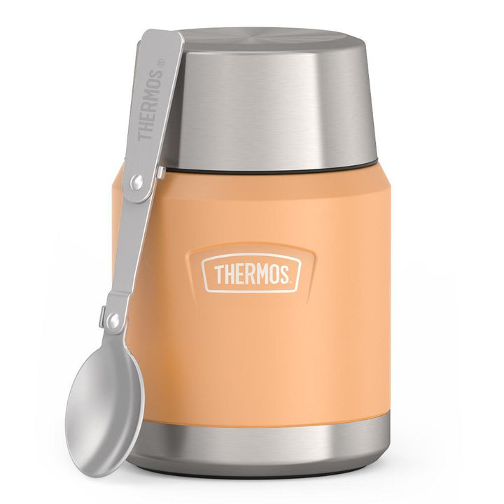 16 ounce Thermos Food Jar with stainless steel spoon, front view, spoon unfolded and leaning on the food jar, Melon Orange.
