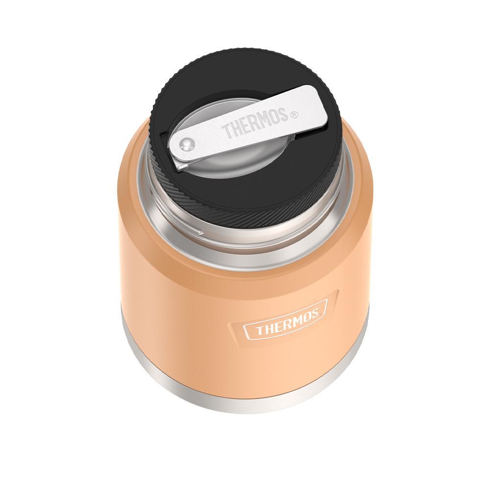 16 ounce Thermos Food Jar with stainless steel spoon, top view of spoon folded inside of spoon holder, Melon Orange.
