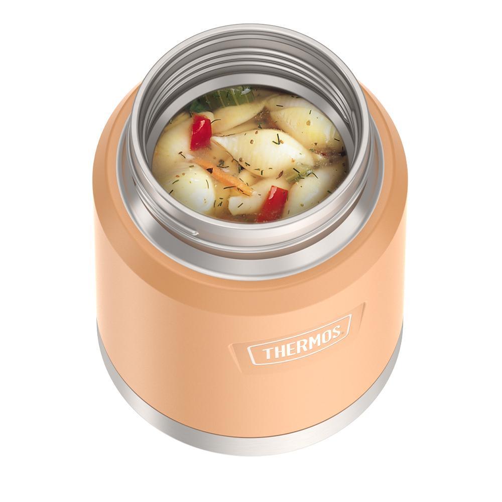 16 ounce Thermos Food Jar with stainless steel spoon, top view, lid off and soup inside, Melon Orange.