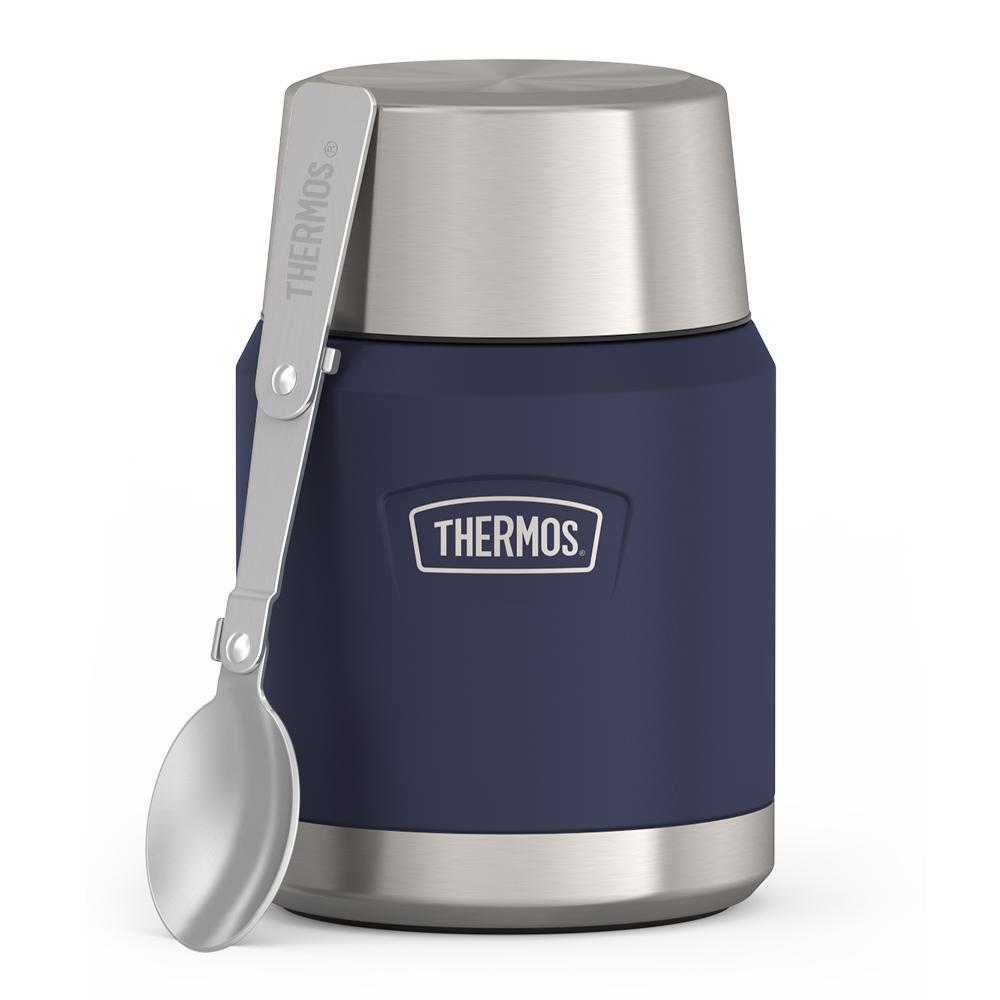 16 ounce Thermos Food Jar with stainless steel spoon, front view, spoon unfolded and leaning on the food jar, Mystic Navy.