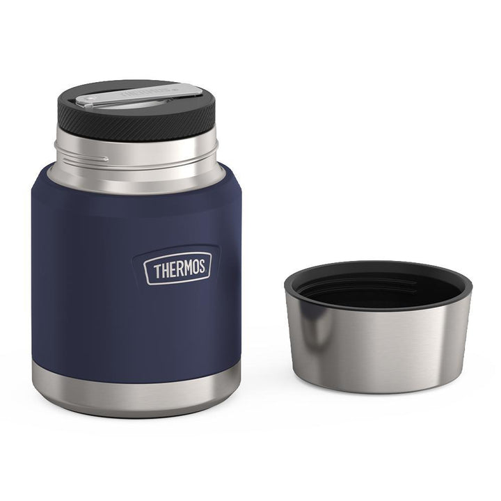 16 ounce Thermos Food Jar with stainless steel spoon, lid off and spoon folded inside of spoon holder, Mystic Navy.