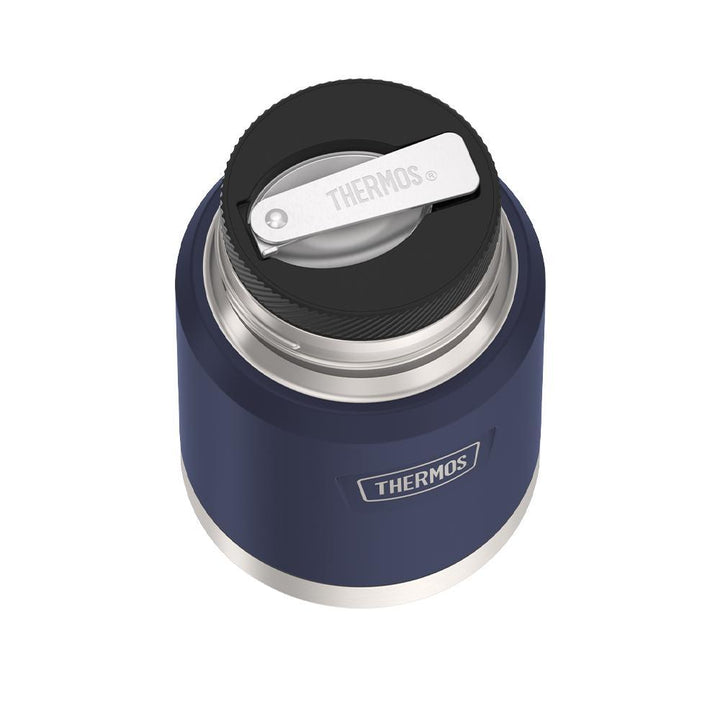 16 ounce Thermos Food Jar with stainless steel spoon, top view of spoon folded inside of spoon holder, Mystic Navy.