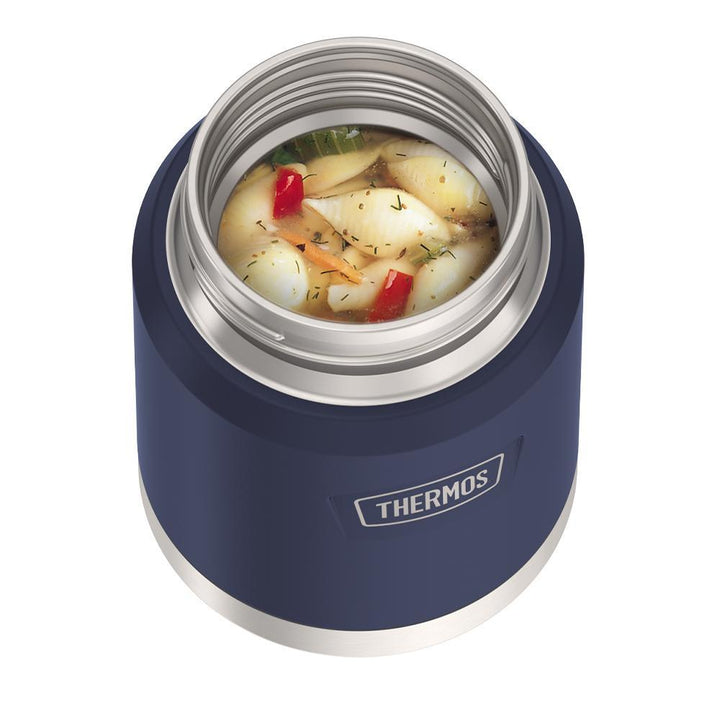 16 ounce Thermos Food Jar with stainless steel spoon, top view, lid off and soup inside, Mystic Navy.