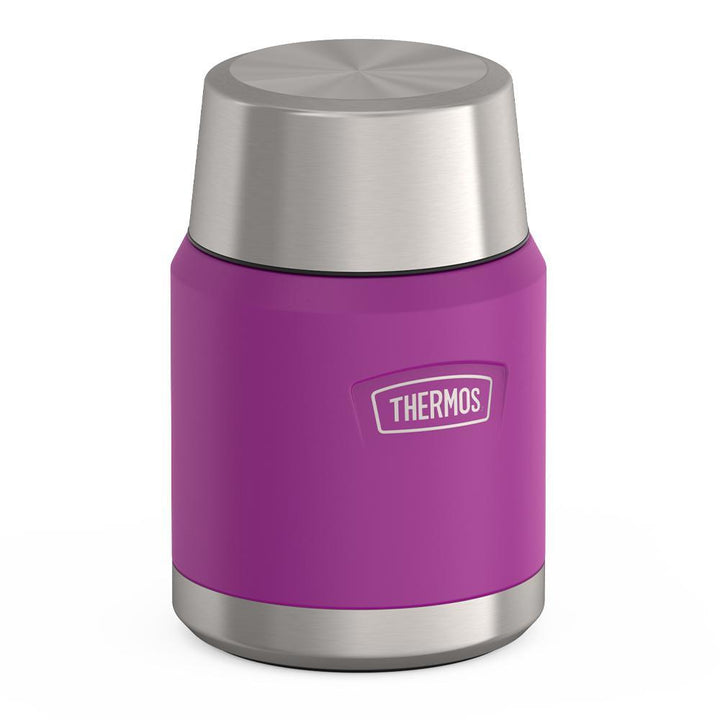 16 ounce Thermos Food Jar with stainless steel spoon, side view with lid on, Plum Purple.