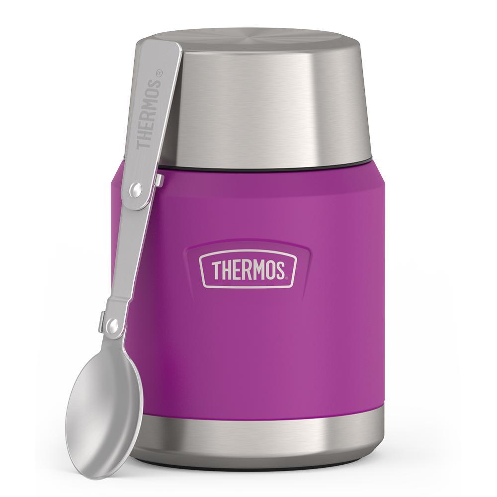 16 ounce Thermos Food Jar with stainless steel spoon, front view, spoon unfolded and leaning on the food jar, Plum Purple.
