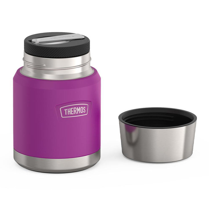16 ounce Thermos Food Jar with stainless steel spoon, lid off and spoon folded inside of spoon holder, Plum Purple.