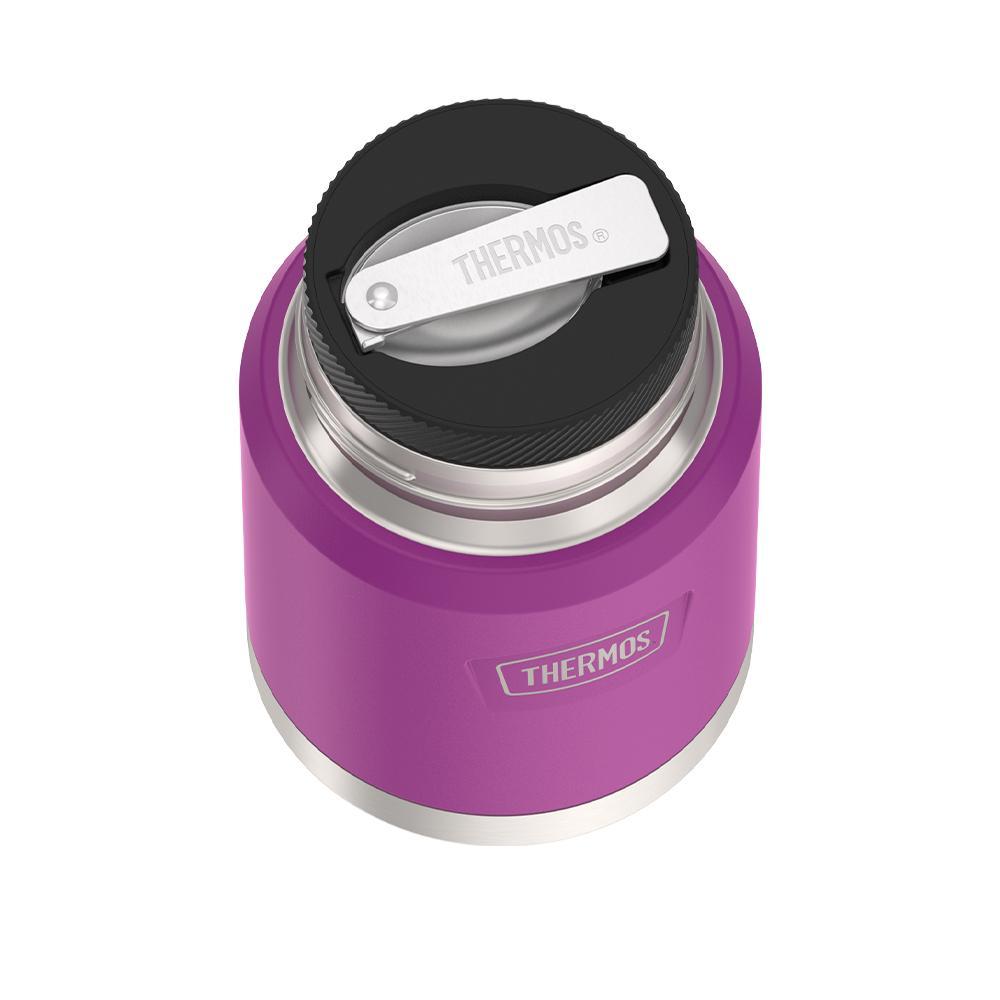 16 ounce Thermos Food Jar with stainless steel spoon, top view of spoon folded inside of spoon holder, Plum Purple.