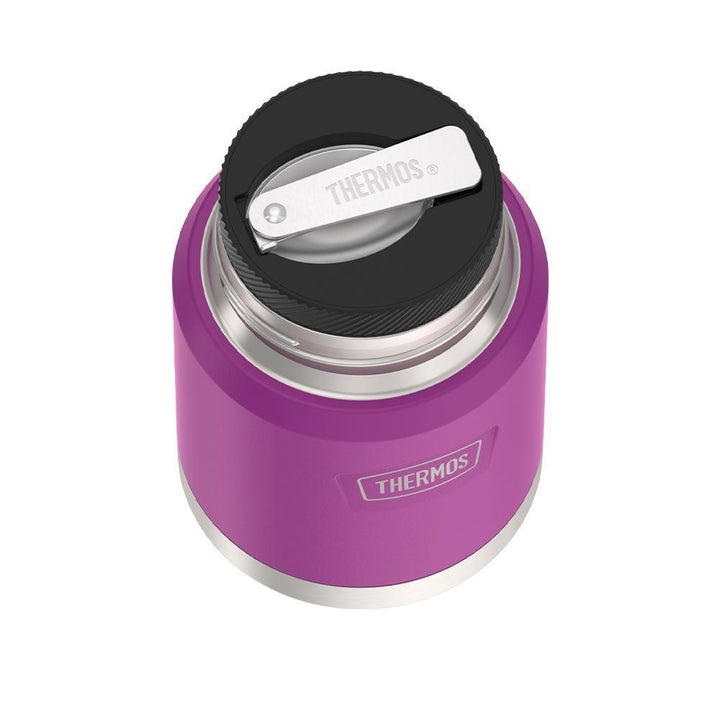 16 ounce Thermos Food Jar with stainless steel spoon, top view of spoon folded inside of spoon holder, Plum Purple.