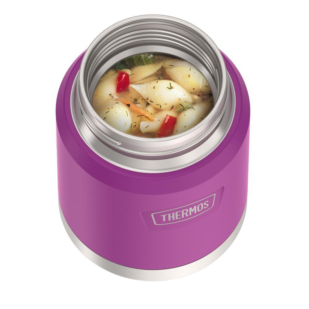 16 ounce Thermos Food Jar with stainless steel spoon, top view, lid off and soup inside, Plum Purple.