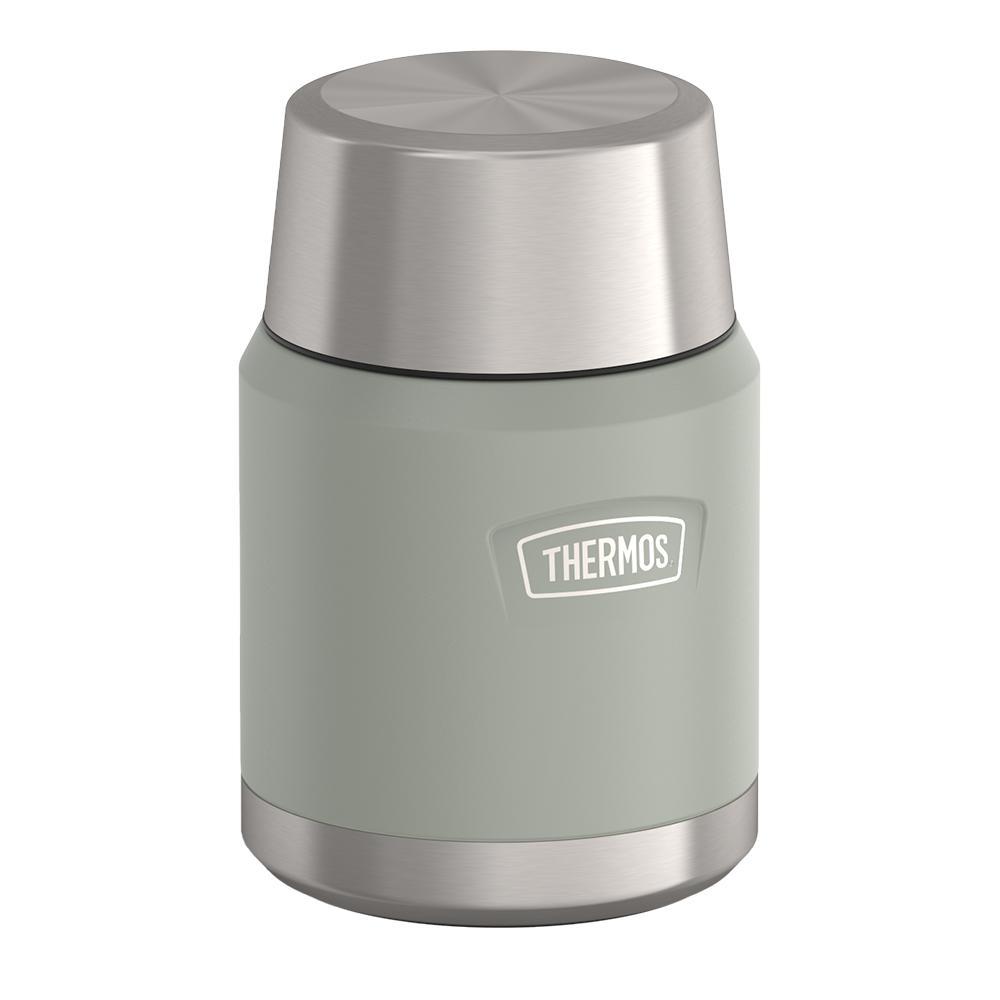 16 ounce Thermos Food Jar with stainless steel spoon, side view with lid on, River Rock Grey.