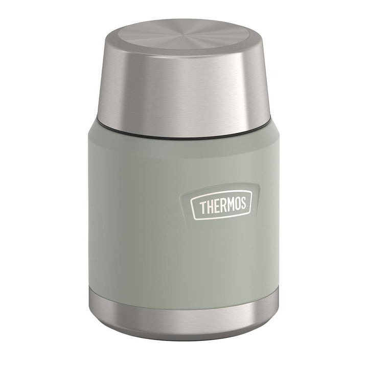 16 ounce Thermos Food Jar with stainless steel spoon, side view with lid on, River Rock Grey.