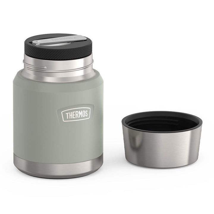 16 ounce Thermos Food Jar with stainless steel spoon, lid off and spoon folded inside of spoon holder, River Rock Grey.