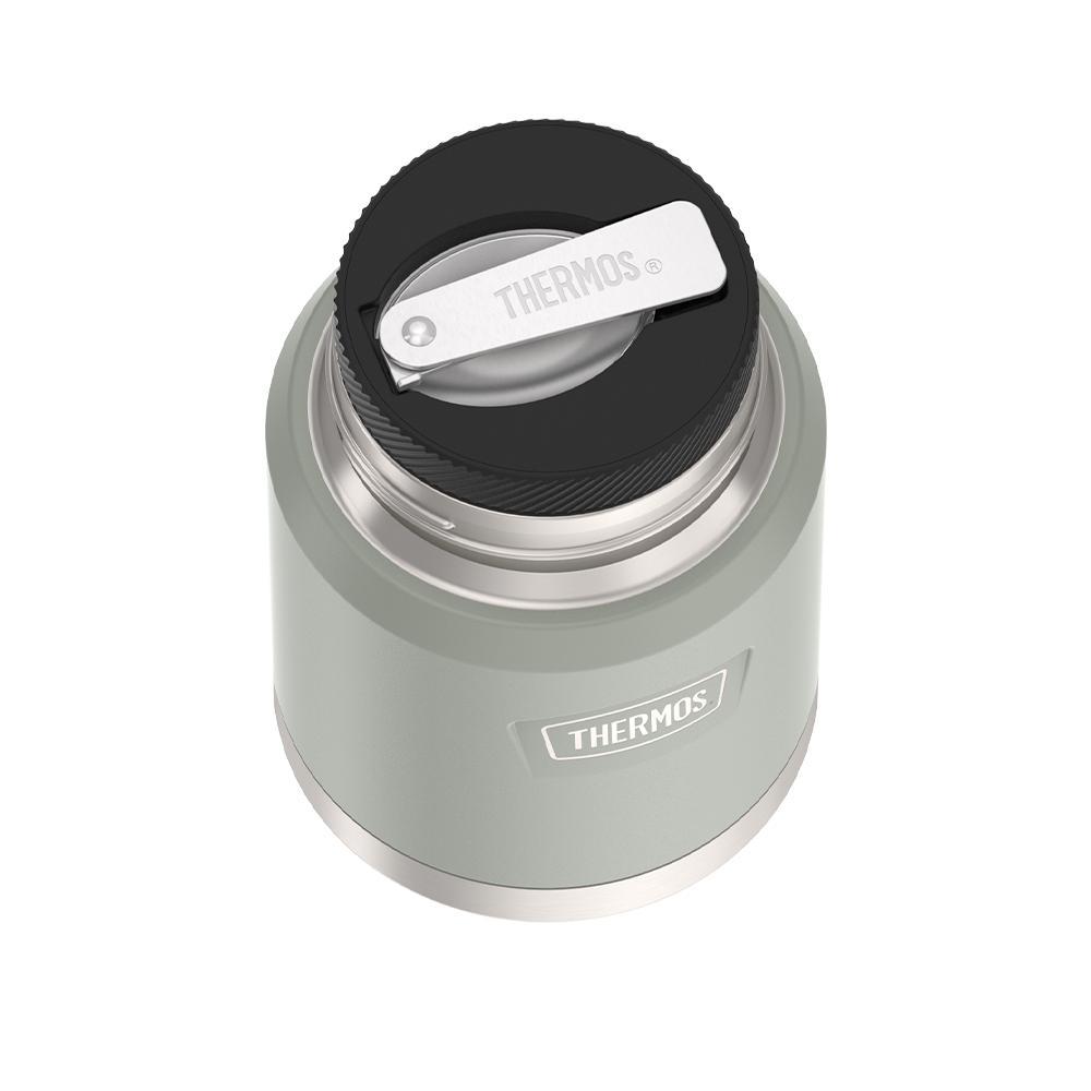 16 ounce Thermos Food Jar with stainless steel spoon, top view of spoon folded inside of spoon holder, River Rock Grey.