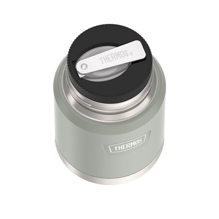 16 ounce Thermos Food Jar with stainless steel spoon, top view of spoon folded inside of spoon holder, River Rock Grey.