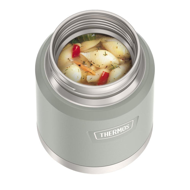 16 ounce Thermos Food Jar with stainless steel spoon, top view, lid off and soup inside, River Rock Grey.