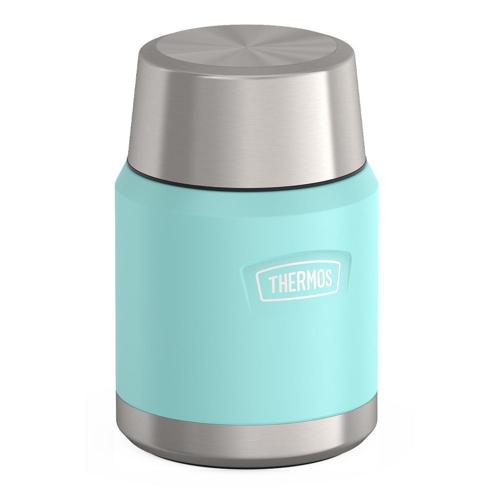 16 ounce Thermos Food Jar with stainless steel spoon, side view with lid on, Sea Green.