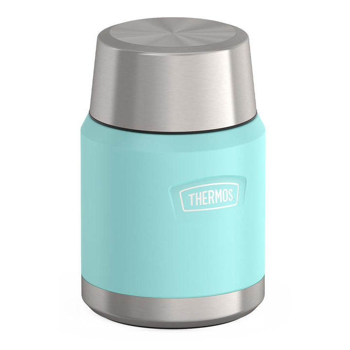 16 ounce Thermos Food Jar with stainless steel spoon, side view with lid on, Sea Green.